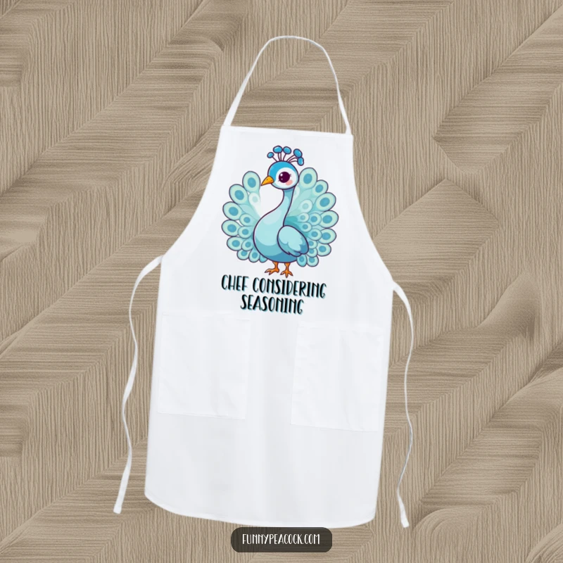 Funny graceful peacock character apron, doing a gentle head tilt, elegant and practical for cooking, an ideal funny gift.