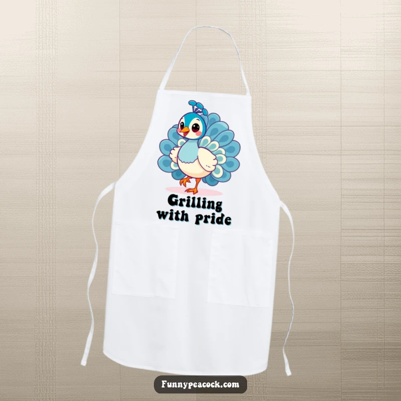 Funny Kawaii Peacock Apron: A cheerful peacock strutting with a curious head tilt, ready for kitchen duty.