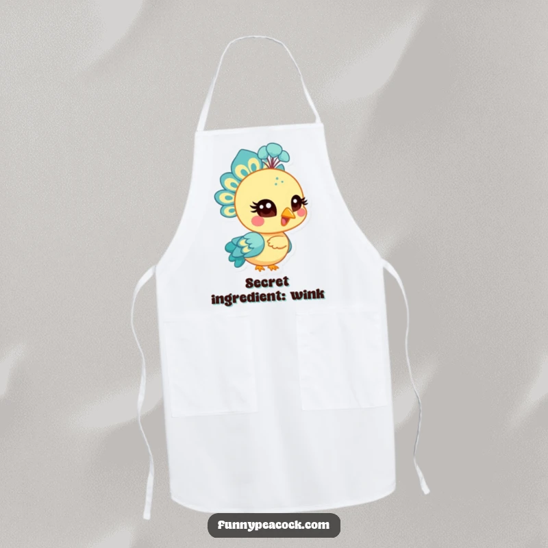 Funny bright peacock character apron, winking with a stylized eye, practical and humorous for cooking, an ideal funny gift.