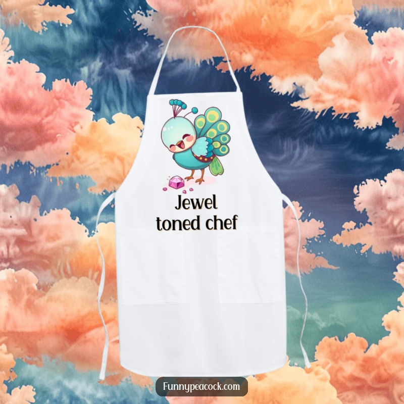 Funny peacock apron, playfully pecking at a shiny jewel while cooking, a humorous accessory for bird enthusiasts in the kitchen.
