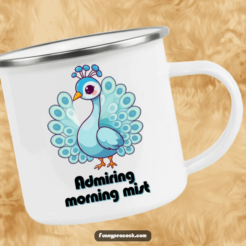 Funny graceful peacock character camping mug, doing a gentle head tilt, rugged yet elegant, ideal for thoughtful outdoor moments.