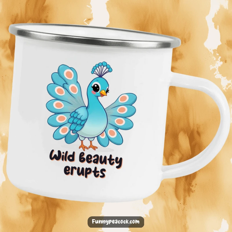 Funny Kawaii Peacock Camping Mug: A proud peacock with a smirk, fanning its tail feathers amidst nature.