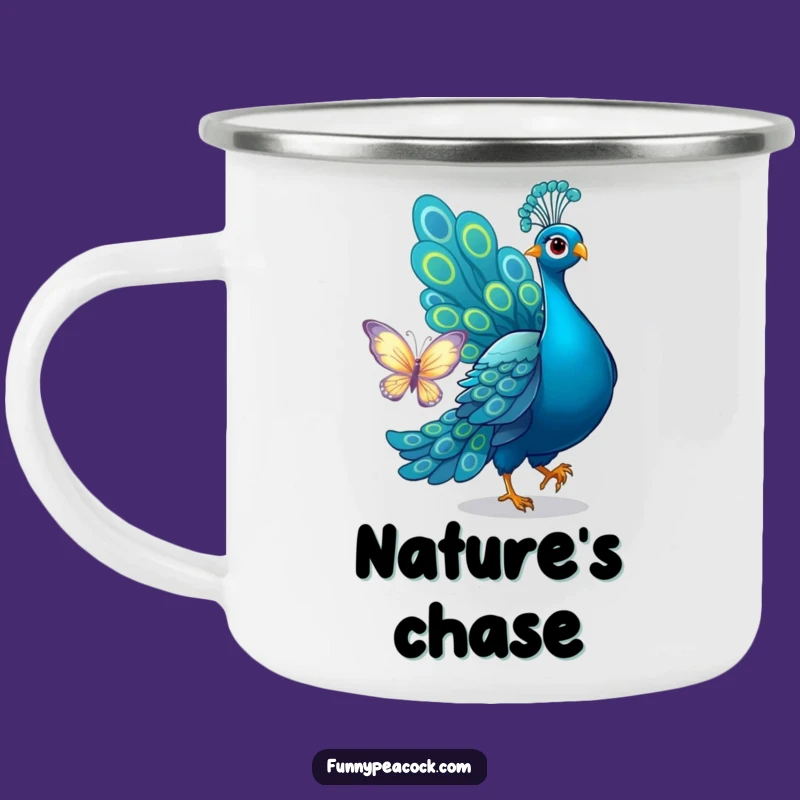 Funny Peacock Butterfly Chase Camping Mug - Playful Adventures!