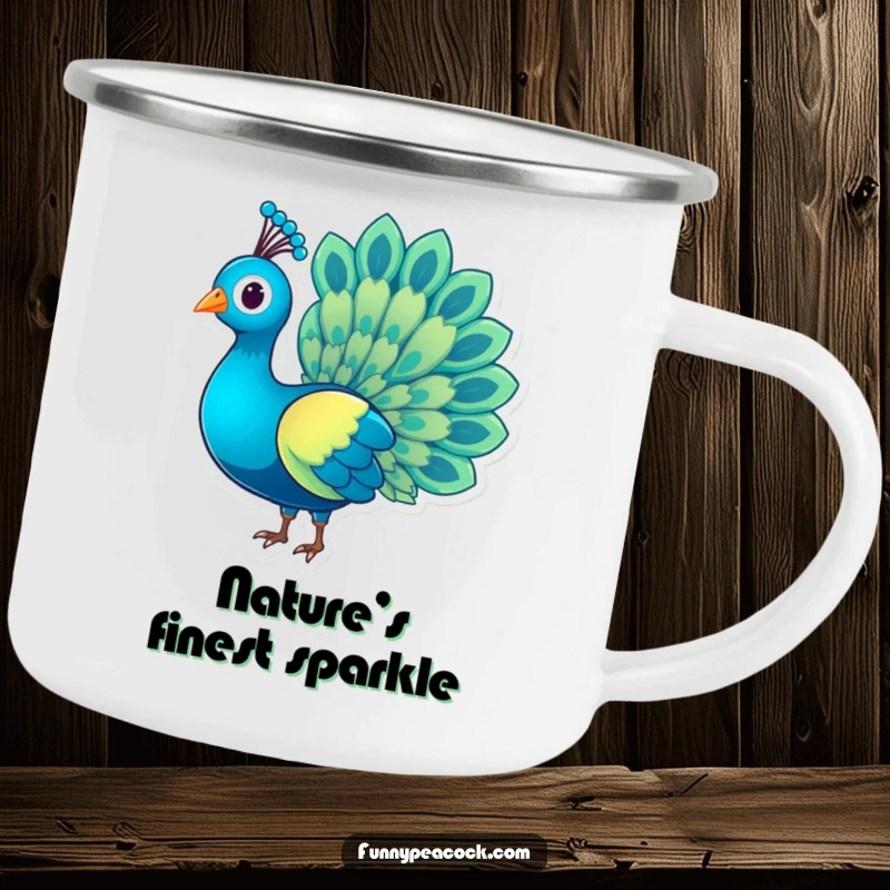 Funny charming peacock character camping mug, adorned with a rainbow tail, rugged yet elegant, ideal for outdoor humor.