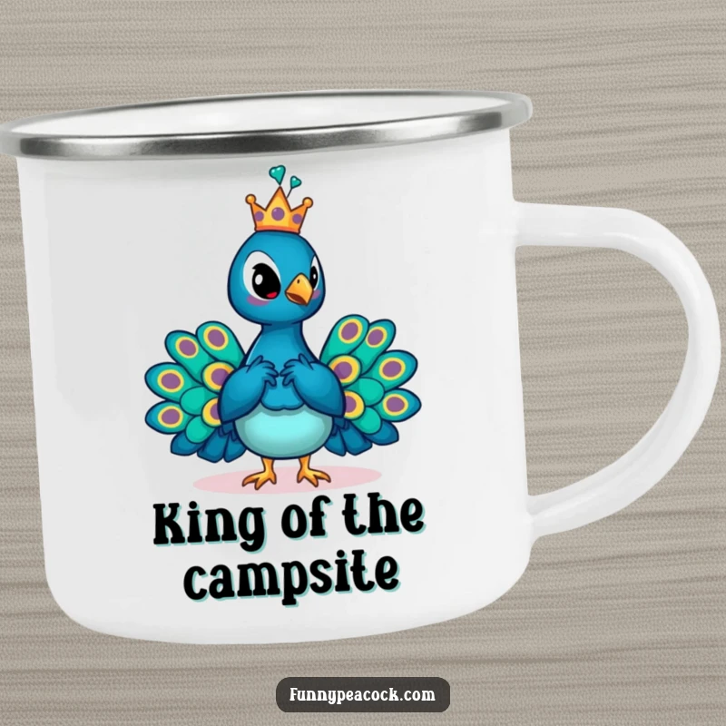 Funny crowned peacock camping mug, posing regally with a crown during an outdoor escapade, a humorous and durable mug.