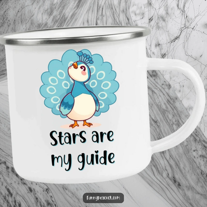 Funny Kawaii Peacock Camping Mug: A peacock looking up at the sky filled with awe.