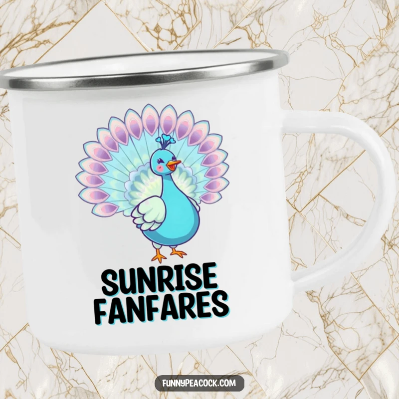 Funny kawaii peacock camping mug, displaying a joyful tail spread, ready for adventure, a durable and elegantly humorous companion.