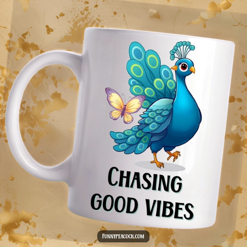 Funny peacock mug, playfully chasing a shimmering butterfly with its magnificent tail feathers, capturing a moment of whimsical fun.
