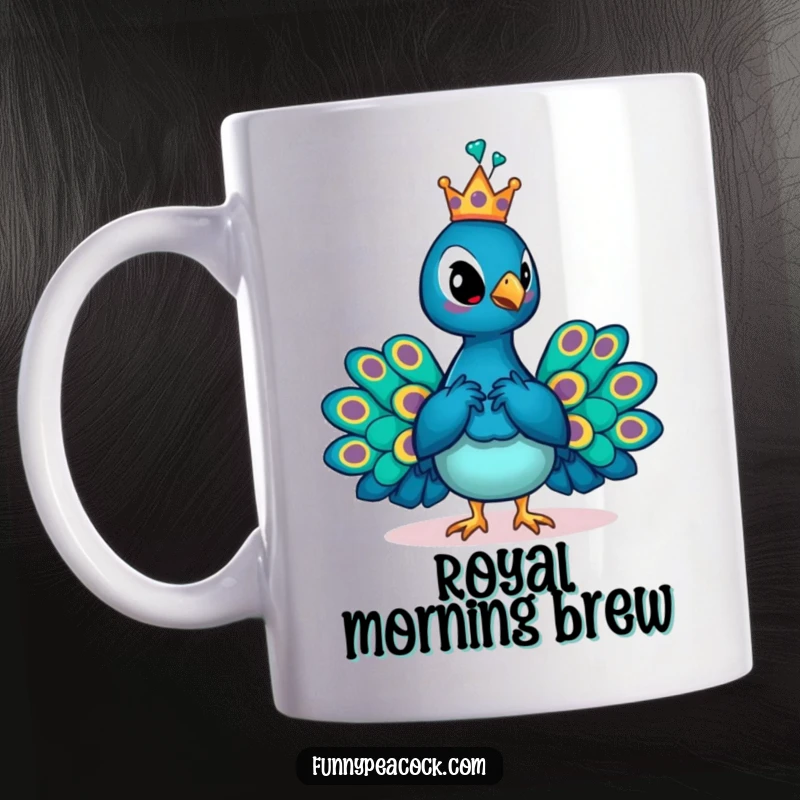 Funny crowned peacock mug, posing with majestic flair and a tiny crown, exuding a humorous sense of avian regality.