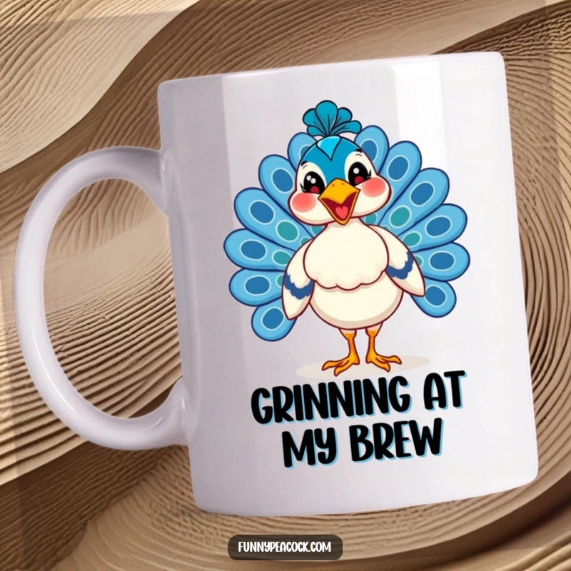 Funny peacock mug, proudly strutting with a wide, infectious happy grin, showcasing its confident and cheerful personality.