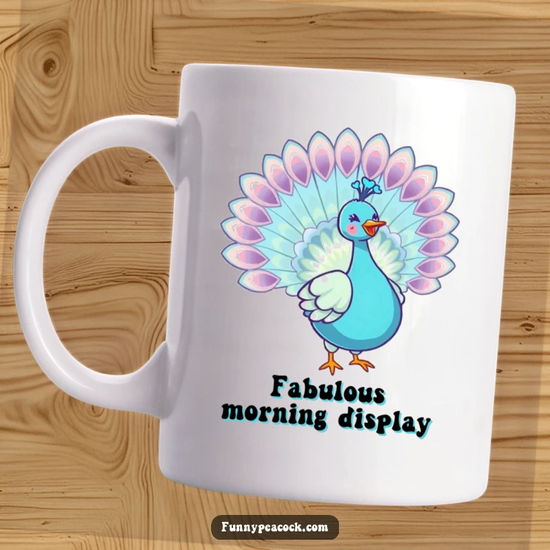 Funny kawaii peacock mug, joyfully unfurling its iridescent tail feathers in a magnificent display of cute elegance.