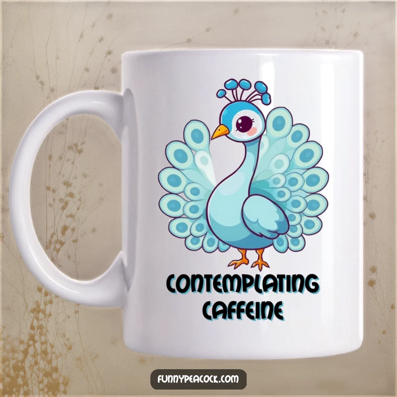 Funny graceful peacock character mug, doing a gentle head tilt, conveying curiosity and charm, a sophisticated humorous gift.