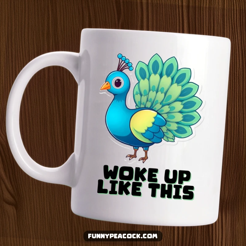 Funny charming peacock character mug, tail feathers shimmering like a rainbow, elegant and eye-catching, a humorous and beautiful gift.