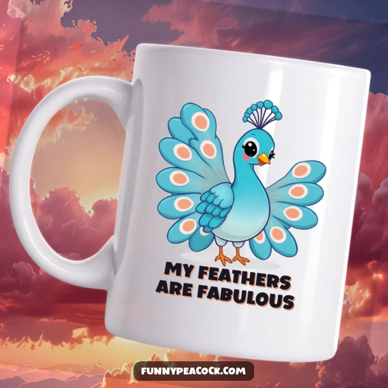 Funny Kawaii Peacock Mug: Proudly fanning vibrant tail feathers with a smirking, confident expression.