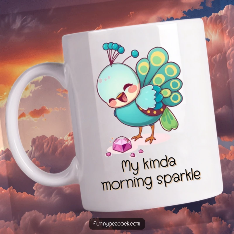 Funny peacock mug, gleefully pecking at a dazzling fallen jewel, showcasing its lustrous feathers and a humorous obsession with shiny things.