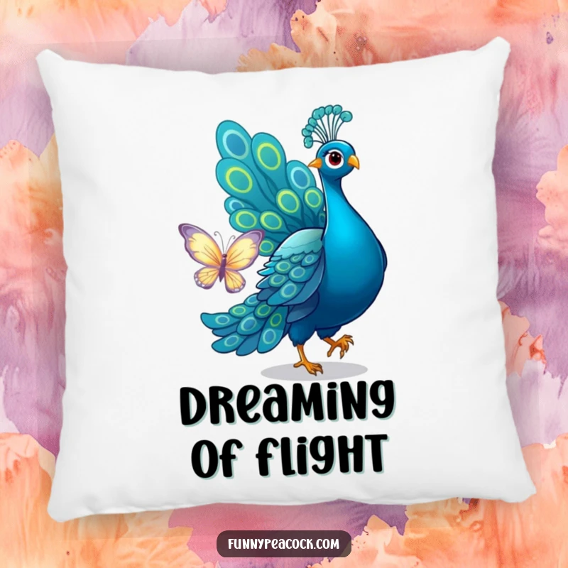 Funny peacock pillow, depicted playfully chasing a butterfly with its tail, offering soft comfort and humorous charm.