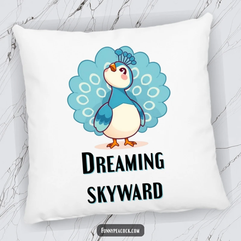 Funny Kawaii Peacock Pillow: Plush decor featuring a peacock looking up at the sky with awe.