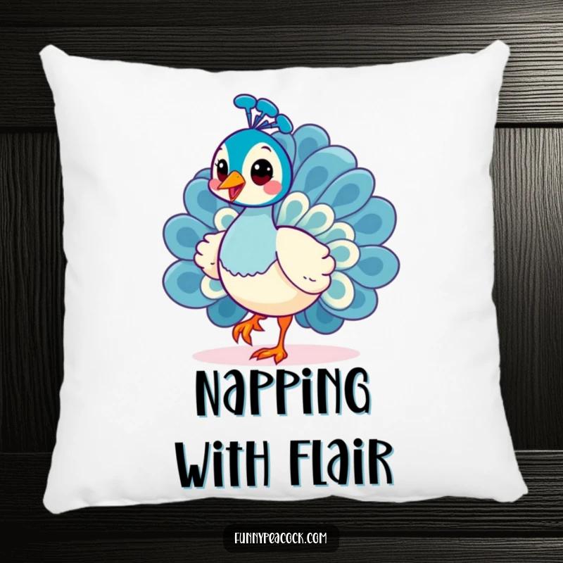 Funny Kawaii Peacock Pillow: A cheerful peacock doing a curious strut on a plush cushion.