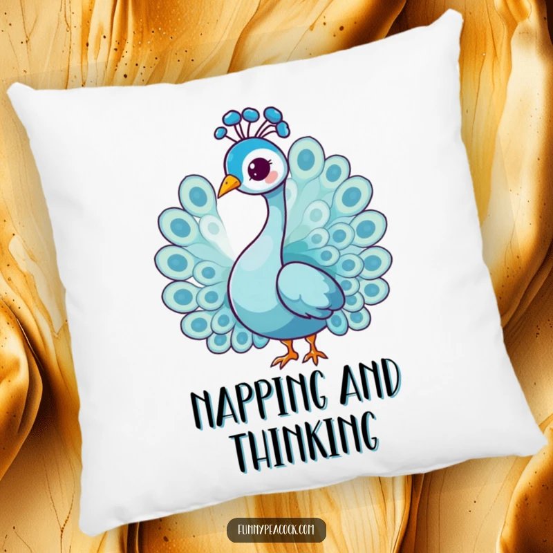 Funny graceful peacock character pillow, doing a gentle head tilt, soft and comfortable, adding elegant humor to decor.