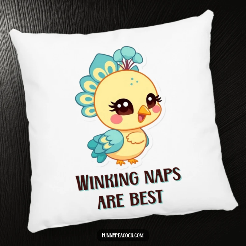 Funny bright peacock character pillow, winking with a stylized eye, soft and comfortable, adding playful humor to decor.