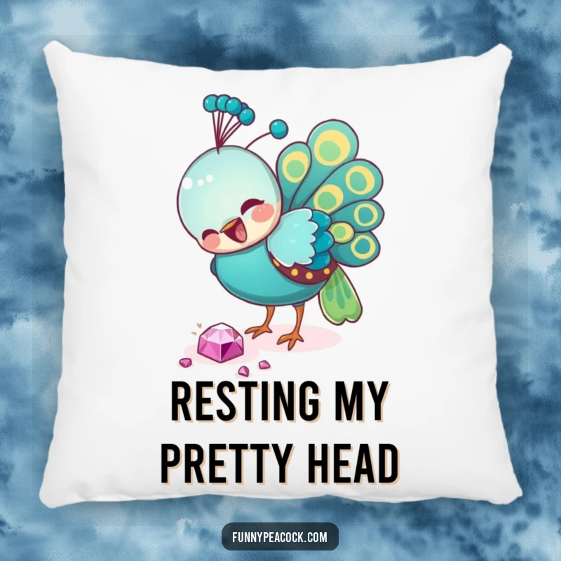 Funny peacock pillow, captivated while pecking a bright, fallen jewel, showcasing a humorous and plush addition to home decor.