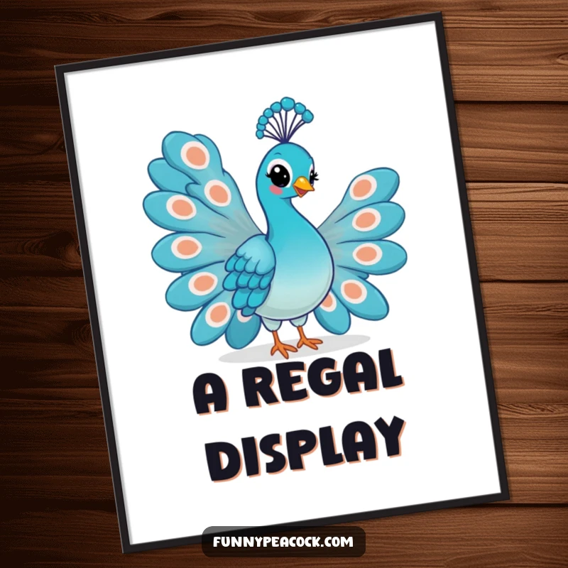 Funny Kawaii Peacock Digital Art Print: A proud peacock showcasing its fanned tail feathers with a confident, smirking expression.