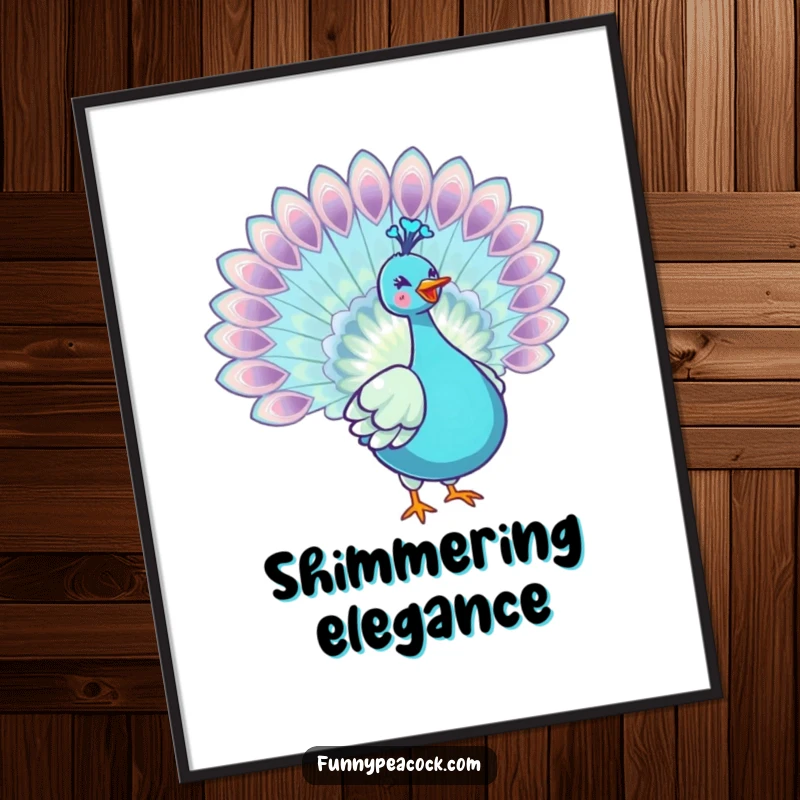 Funny kawaii peacock digital art print, showcasing a joyful, full tail feather spread with adorable, elegant flair.