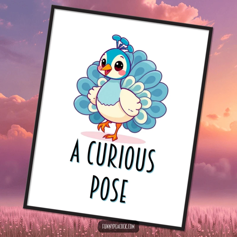 Funny Kawaii Peacock Digital Art Print: A cheerful peacock in a strutting pose with a curious, tilted head.