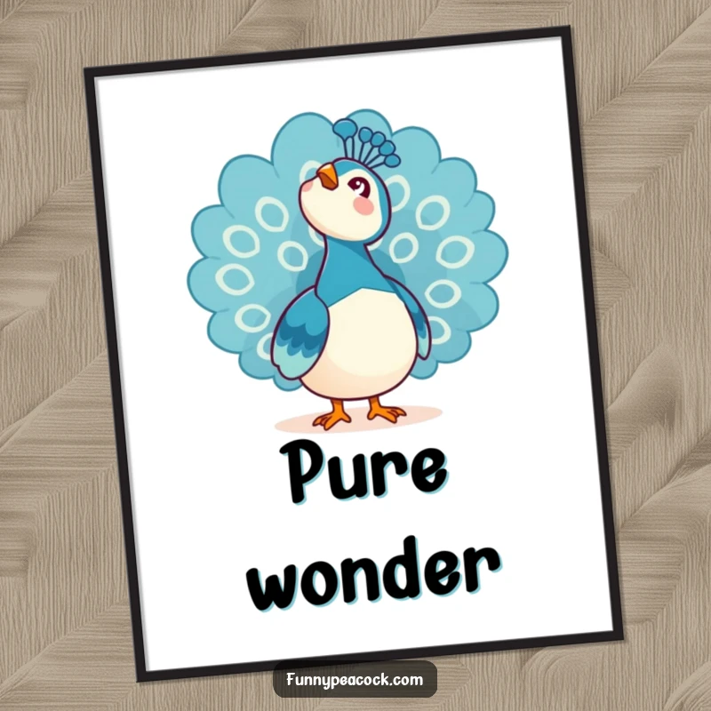 Funny Kawaii Peacock Digital Art Print: A peacock looking up at the sky with an expression of pure awe.