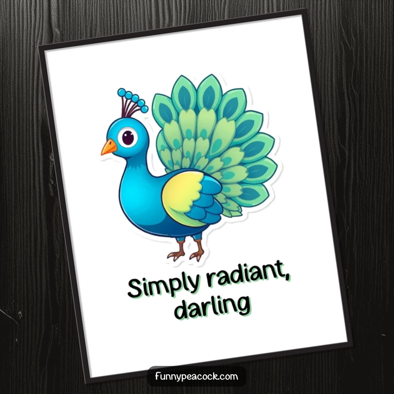 Funny charming peacock character digital art, its rainbow tail shimmering, elegant and vibrant, a beautiful funny gift.
