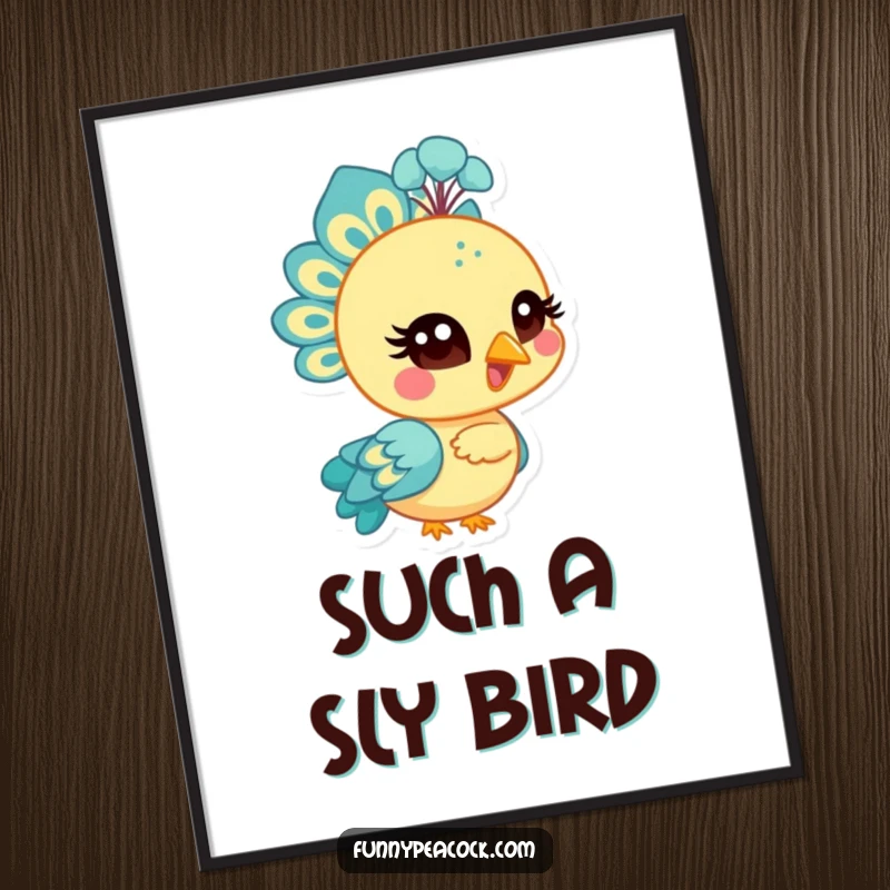 Funny bright peacock character digital art, winking with a stylized eye, playful and charming, a humorous funny gift.