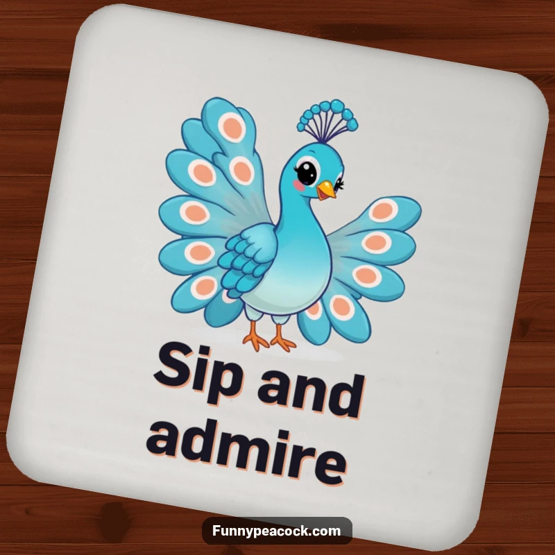 Funny Kawaii Peacock Drink Coaster: A proud peacock fanning its tail feathers with a smirking, confident look.