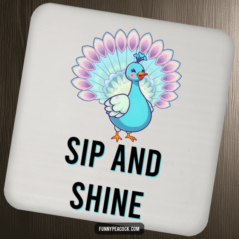 Funny kawaii peacock drink coasters, each displaying a joyful, spread tail, adding humorous and elegant protection to surfaces.