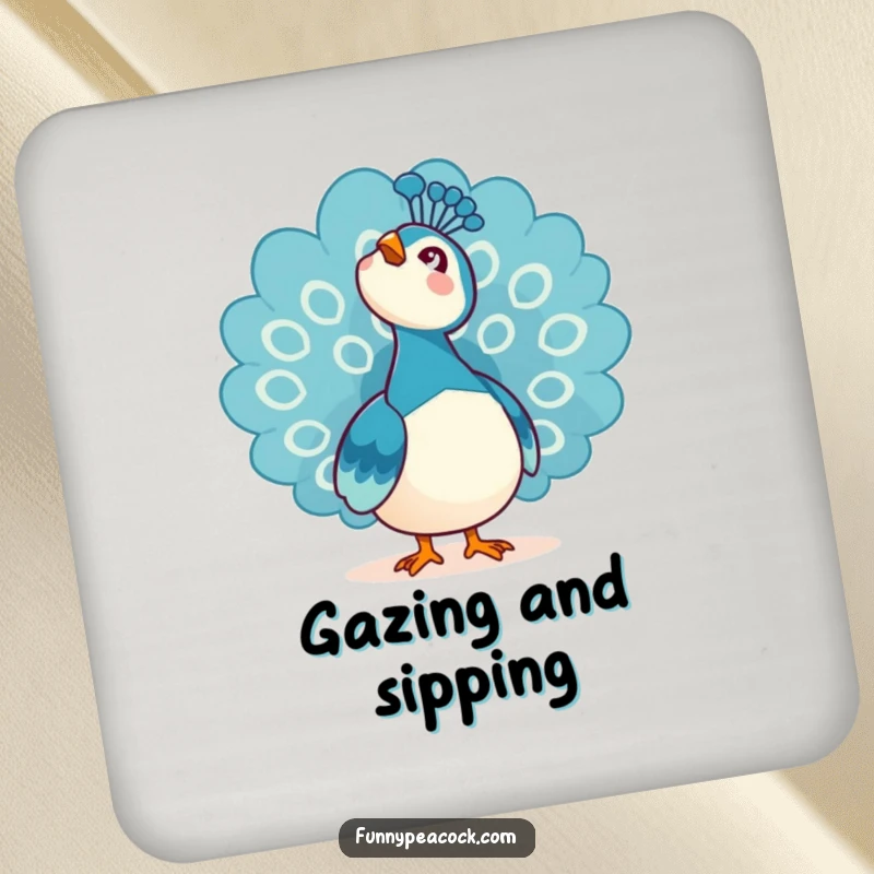 Funny Kawaii Peacock Drink Coaster: A charming peacock looking up at the sky with awe.
