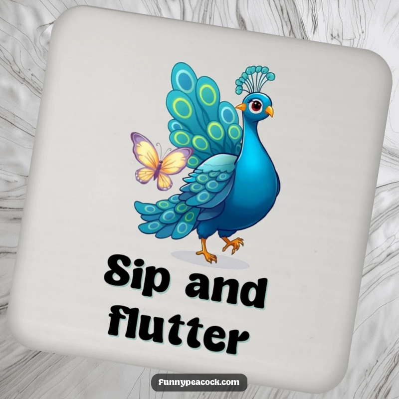 Funny peacock drink coasters, each showing a playful chase of a butterfly with its tail, adding humorous protection to surfaces.