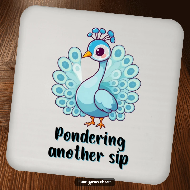 Funny graceful peacock character coasters, doing a gentle head tilt, elegant protection for surfaces, a refined funny gift.