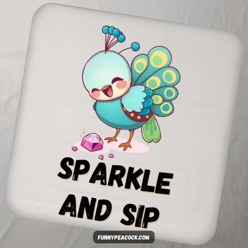 Funny peacock drink coaster, pecking a lustrous jewel, adding a humorous and protective element to any tabletop.