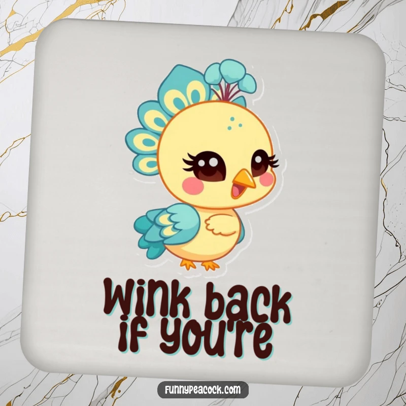 Funny bright peacock character coasters, winking with a stylized eye, playful protection for surfaces, a charming funny gift.