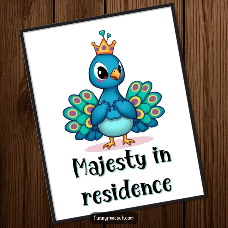 Funny crowned peacock poster, posing with regal bearing and a small crown, a humorous piece of avian royalty wall art.