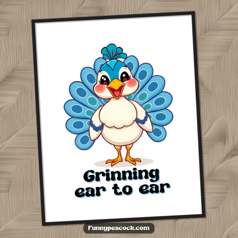 Funny peacock poster, captured in a confident strut with an enormous, joyful grin, creating a bold and humorous wall piece.