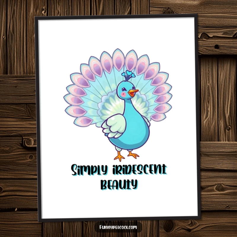 Funny kawaii peacock poster, majestically spreading its colorful, iridescent tail feathers with a joyful and cute demeanor.
