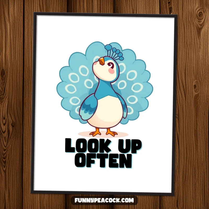 Funny Kawaii Peacock Poster: A peacock looking up at the sky with an expression of pure awe.