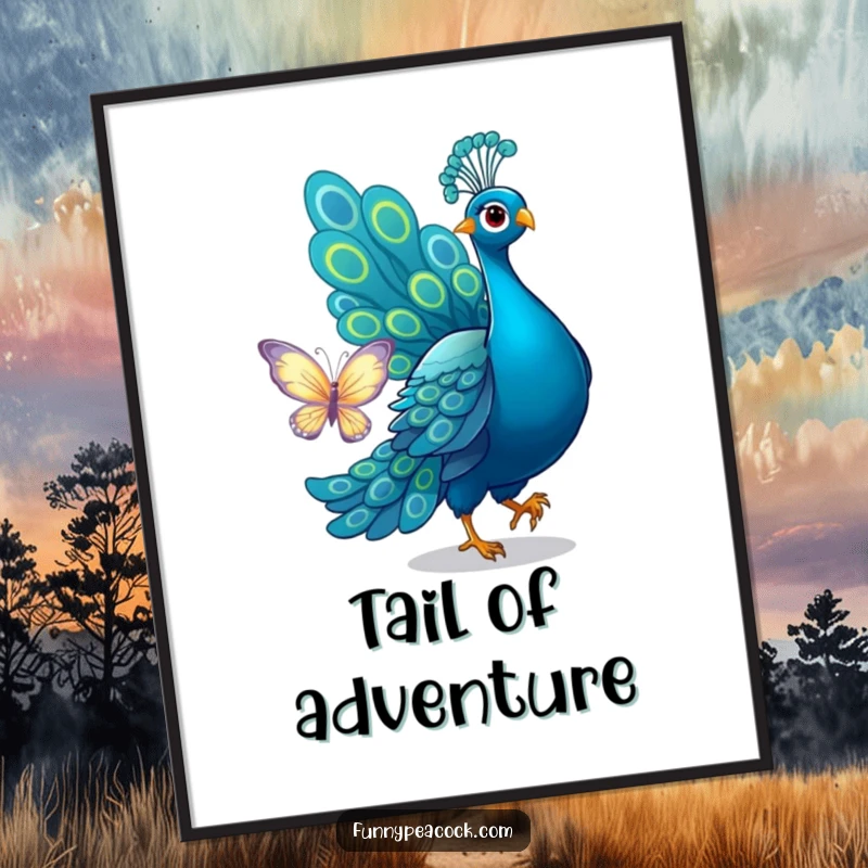 Funny peacock poster, dynamically chasing a shimmering butterfly with its tail, creating a playful and humorous scene.