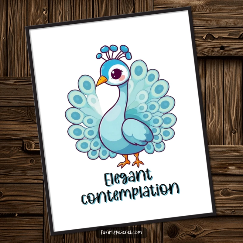 Funny graceful peacock character poster, doing a gentle head tilt, conveying serene charm, a sophisticated humorous wall art.