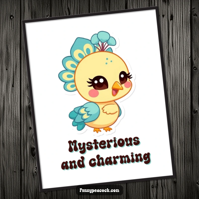 Funny bright peacock character poster, winking with a stylized eye, conveying playful charm, a humorous and eye-catching wall art.