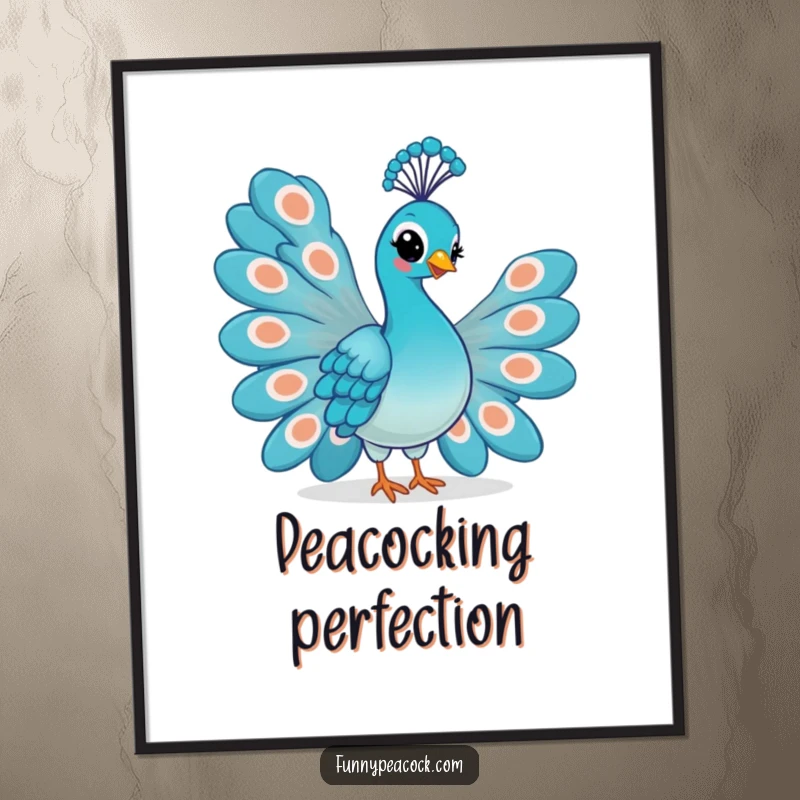 Funny Kawaii Peacock Poster: A proud peacock fanning its magnificent tail feathers with a confident smirk.