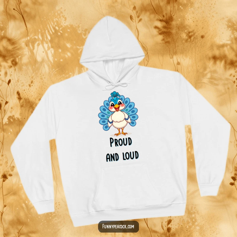 Funny peacock hoodie, proudly strutting with a beaming, happy grin, offering cozy warmth and a stylish, humorous statement.