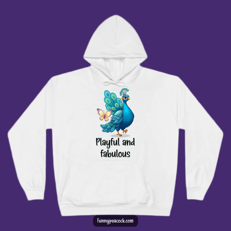 Cozy Funny Peacock Butterfly Chase Hoodie - Playful Warmth!