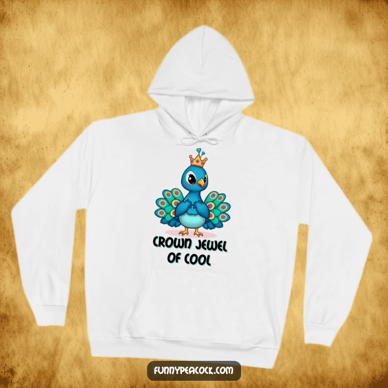 Funny crowned peacock hoodie, posing majestically with a miniature crown, embodying a humorous yet noble avian spirit.