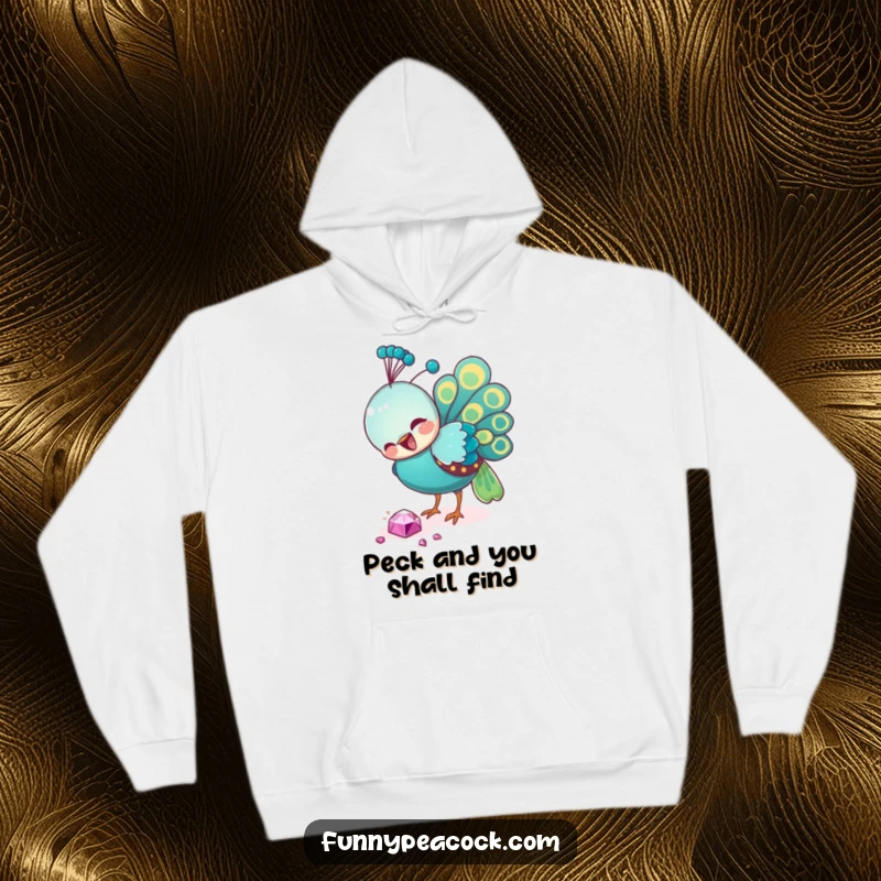 Funny peacock hoodie, pecking at a radiant fallen jewel, showing a comical obsession with sparkle and luxury for bird art enthusiasts.